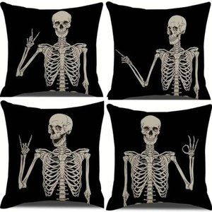 4pcs, Linen Blend Halloween Skeleton Pillow Covers, Vintage Halloween Skulls